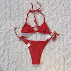 Aerie | Red Bikini Ribbed Triangle Set